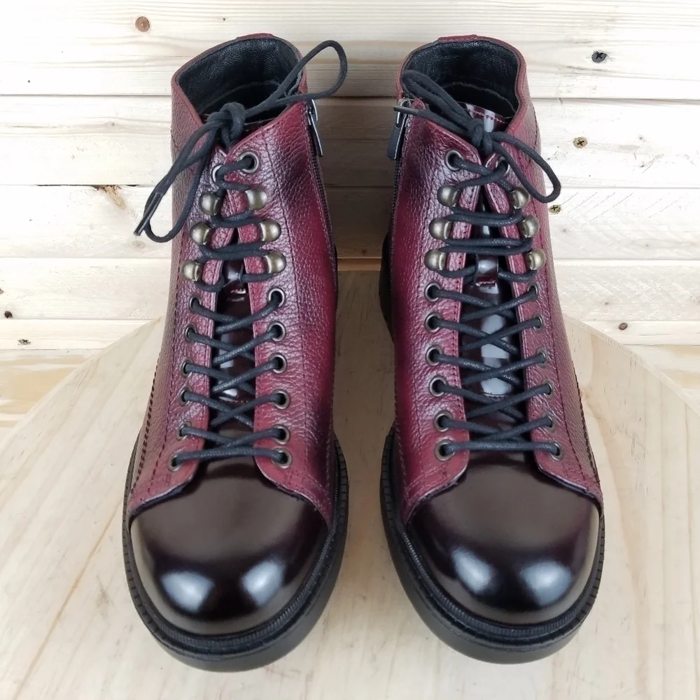 Men's Boots 9 M 100% Genuine Leather Burgundy Biker Paul Branco Side Zip Lace-up